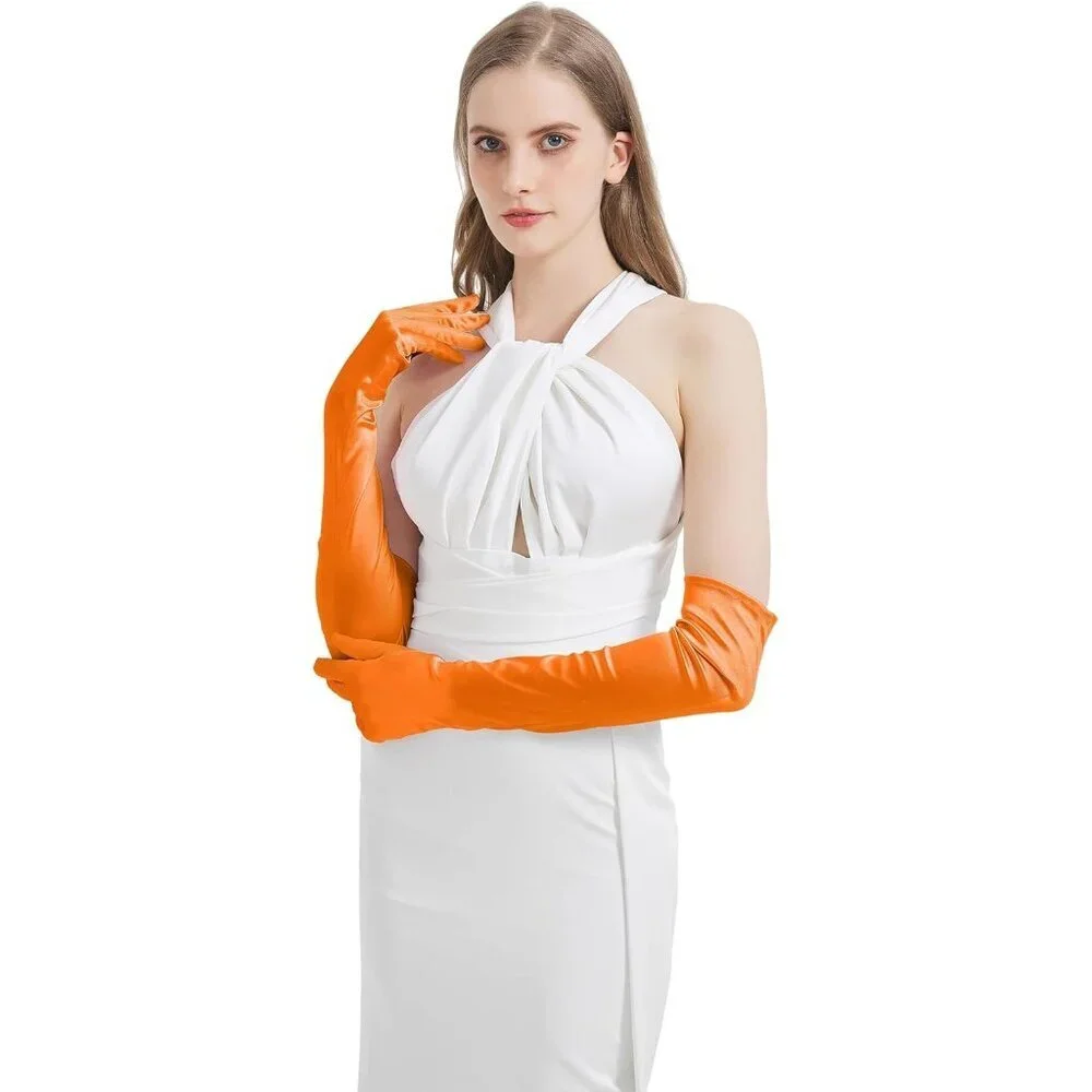 Women's Orange Imported Satin Elbow Length Halloween Cosplay Opera Gloves